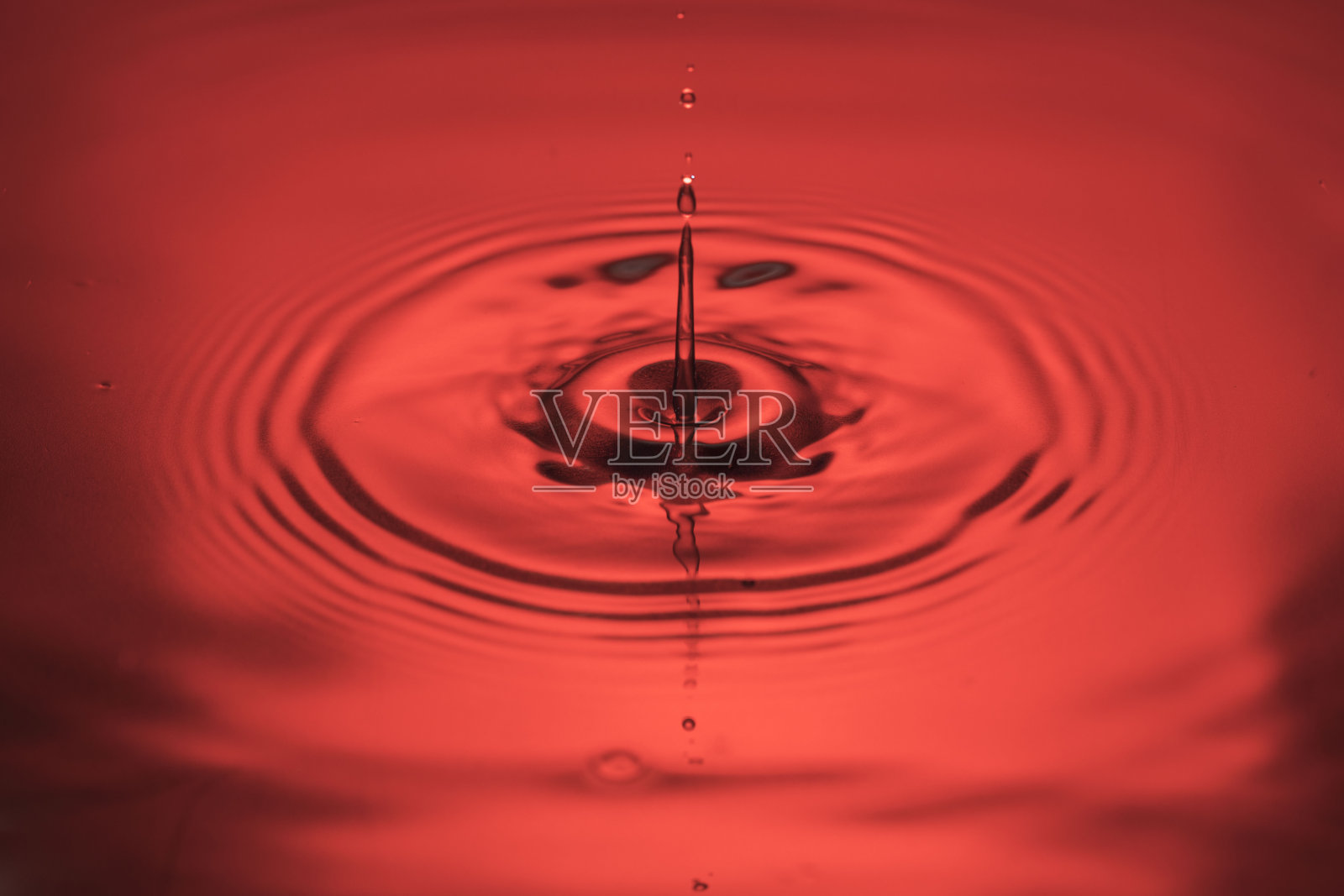 近距离观察雨滴在蓝色水面上孤立的红色背景上的圆圈。照片摄影图片