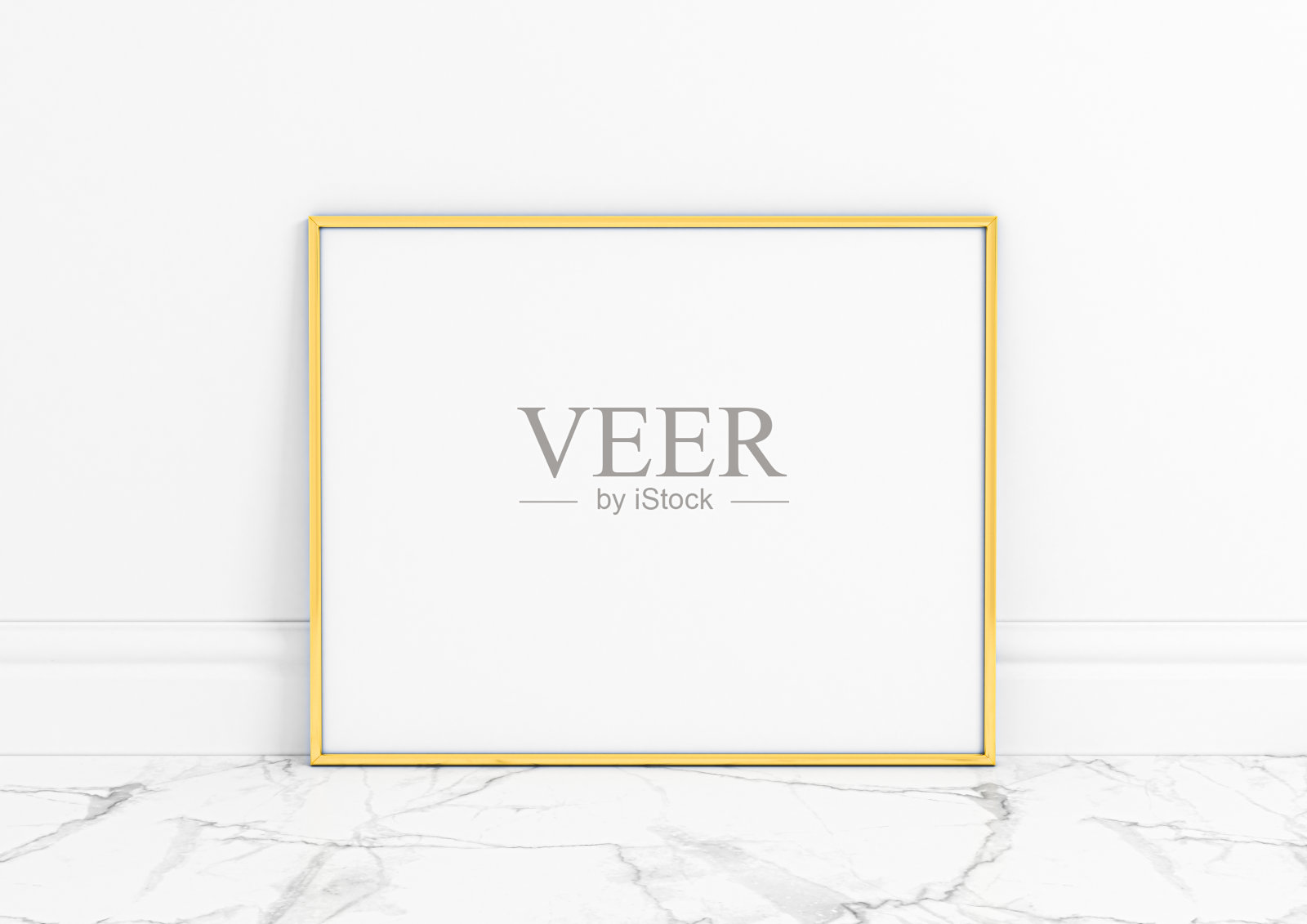 单10x10水平黄金框架模型，白色大理石地板和白色墙壁。照片摄影图片