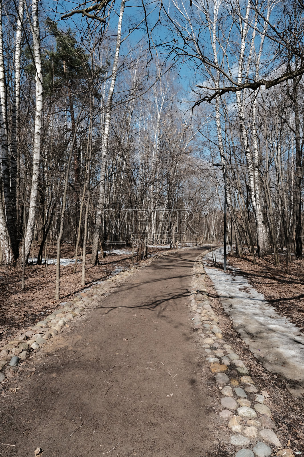 公园里的小路上，初春的最后一场雪正在融化照片摄影图片
