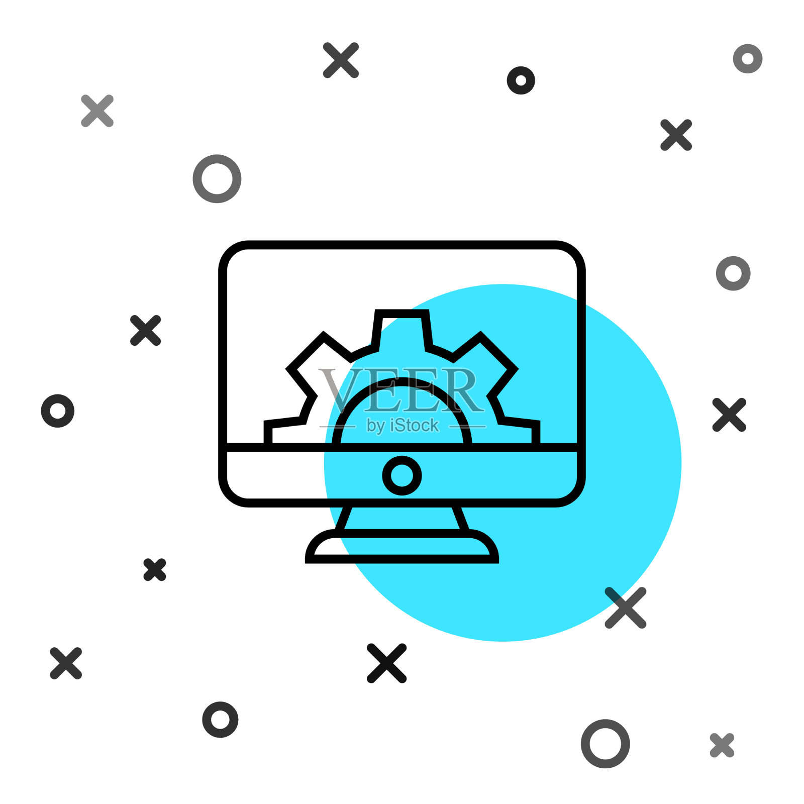 黑线电脑显示器和齿轮图标隔离插画图片素材