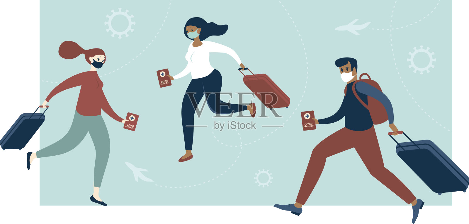 快乐的人有豁免护照的旅行者Covid-19预防。冠状病毒检测阴性。携带行李和疫苗护照的游客。旅行和交流的新常态。平面向量插图插画图片素材