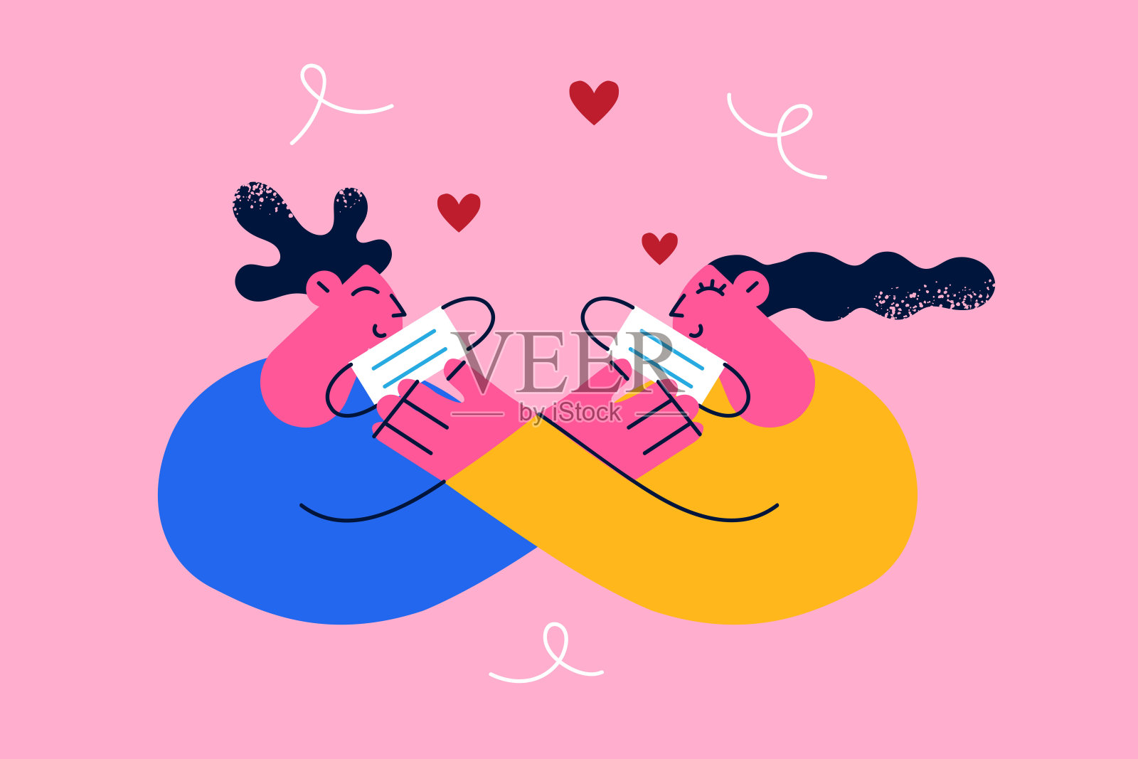 在covid-19疫情期间，佩戴口罩插画图片素材