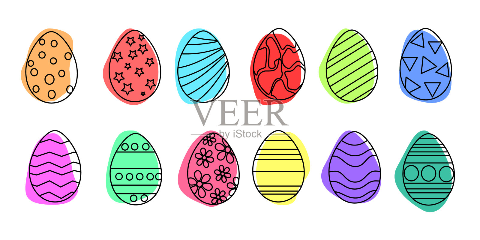 复活节彩蛋黑色的轮廓和彩色的背景。插画图片素材