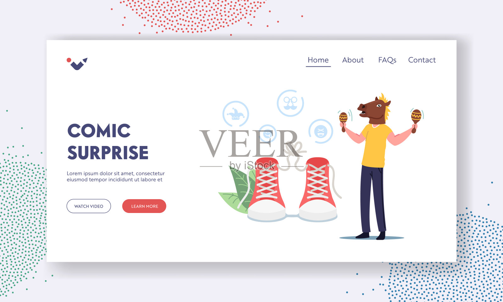 漫画惊喜登陆页面模板。第一个愚人节。人物恶作剧。戴着滑稽马头的男人插画图片素材