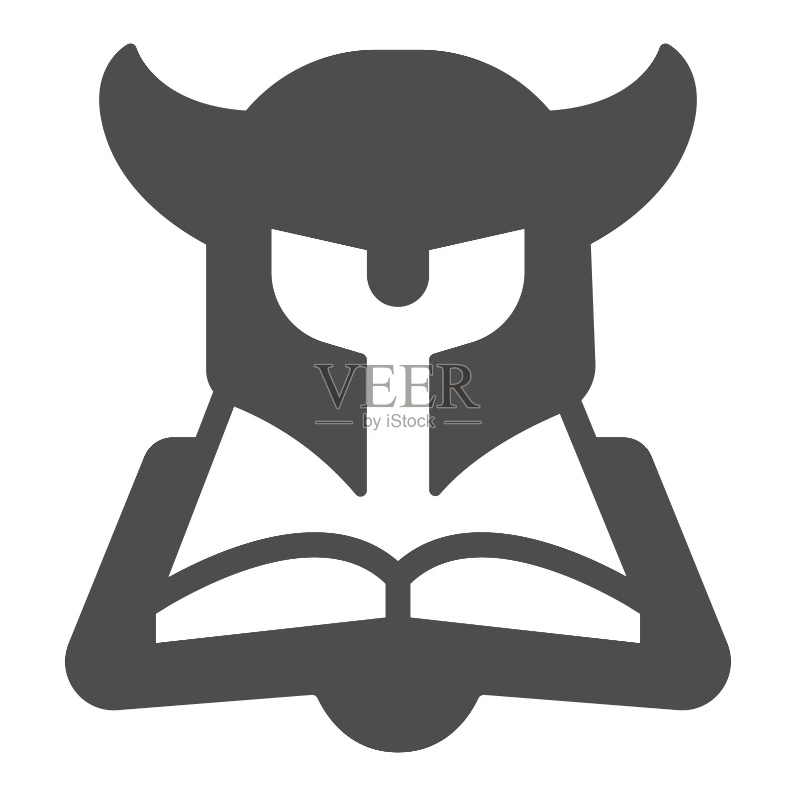 头盔与角，书坚实的图标，儿童书籍日概念，维京装甲矢量标志在白色背景，书和头盔字形风格的移动概念和网页设计。矢量图形。插画图片素材