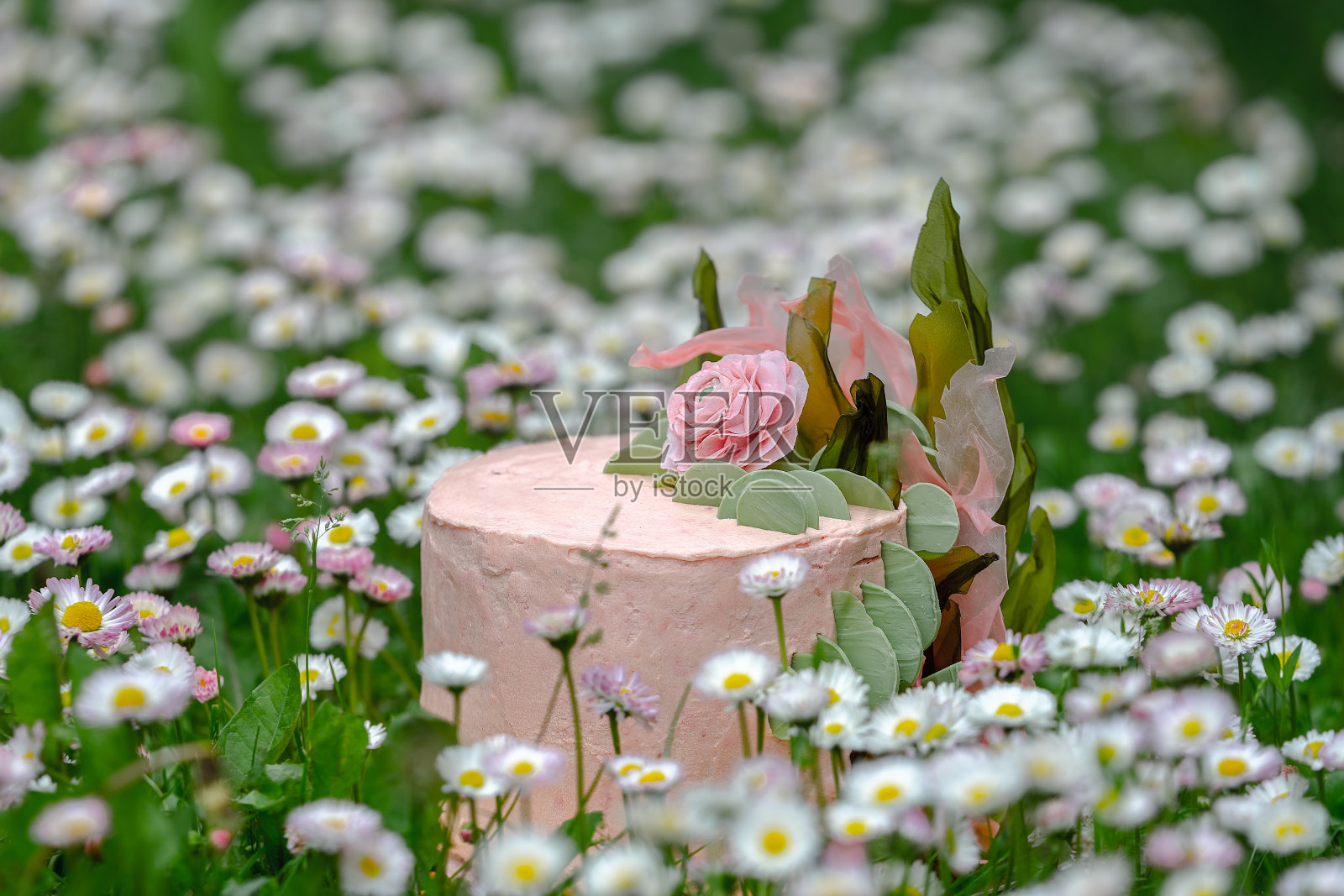 鲜花间的美味蛋糕照片摄影图片