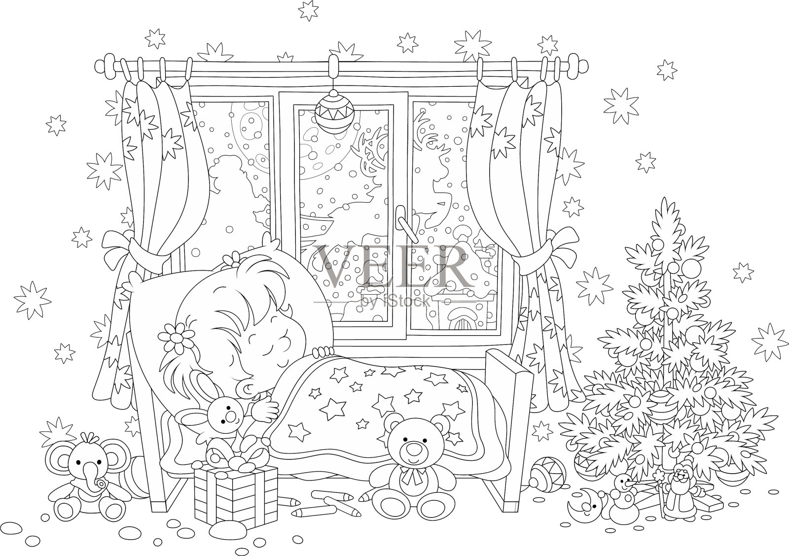 圣诞老人给一个熟睡的小女孩带来了一份礼物设计元素图片