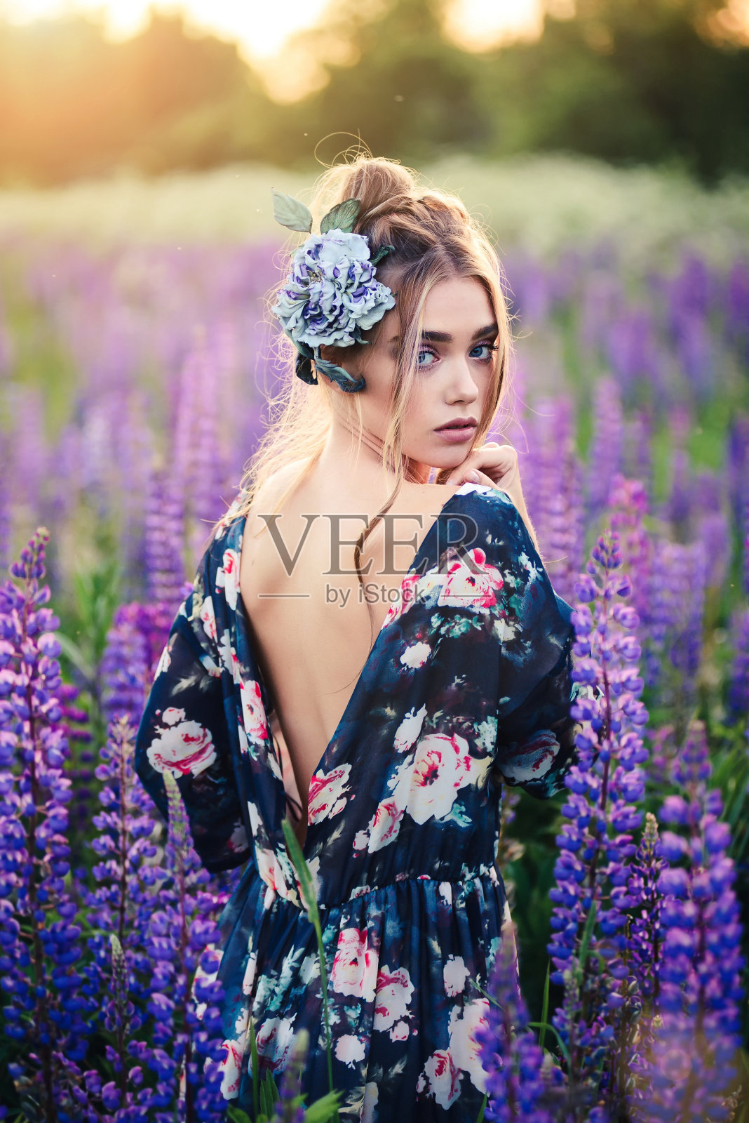 自然美人模型在夏季草地与盛开的紫色花朵在日落照片摄影图片