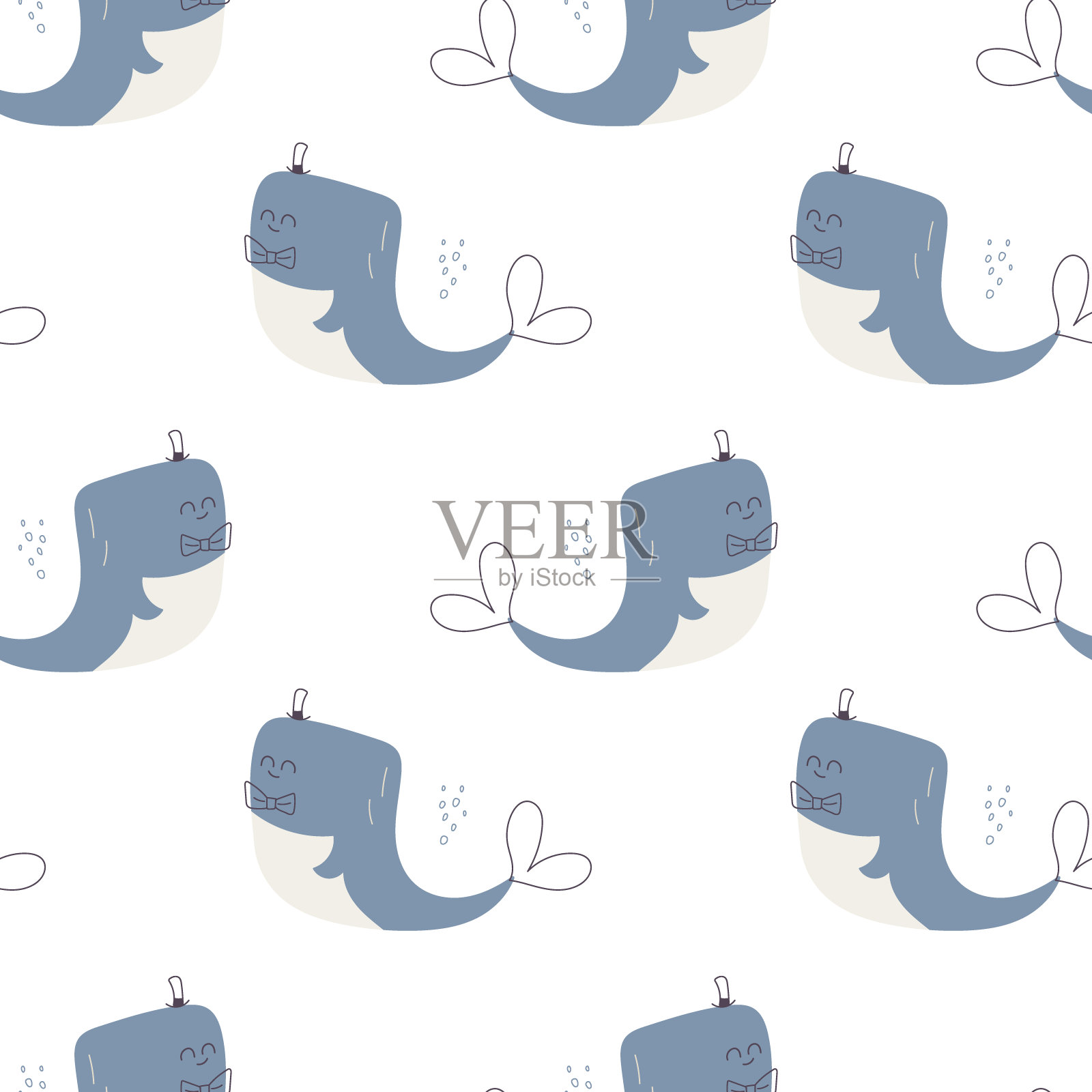 孩子图形在涂鸦风格与小鲸鱼，矢量无缝模式的孩子衬衫印刷和穿着，婴儿房和贺卡。手绘托儿所和现代海报设计。孤立的向量。设计元素图片