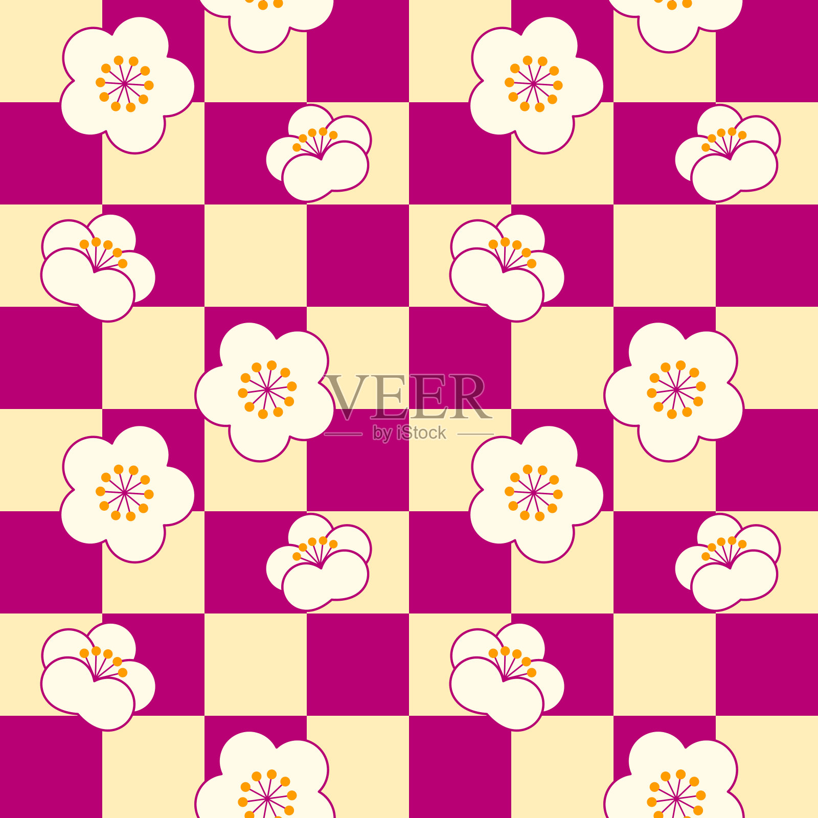 无缝的图案与白色梅花排列在红紫色和奶油色格子。插画图片素材