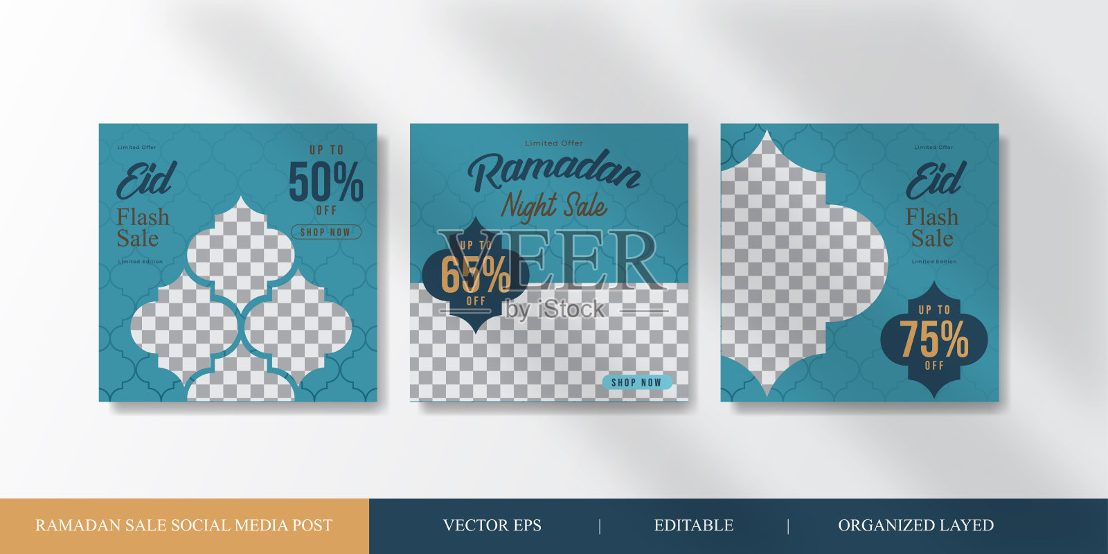 Ramadan Kareem Sale社交媒体发布模板。广场传单和横幅。蓝色背景。可编辑的矢量插图和组织层。设计模板素材