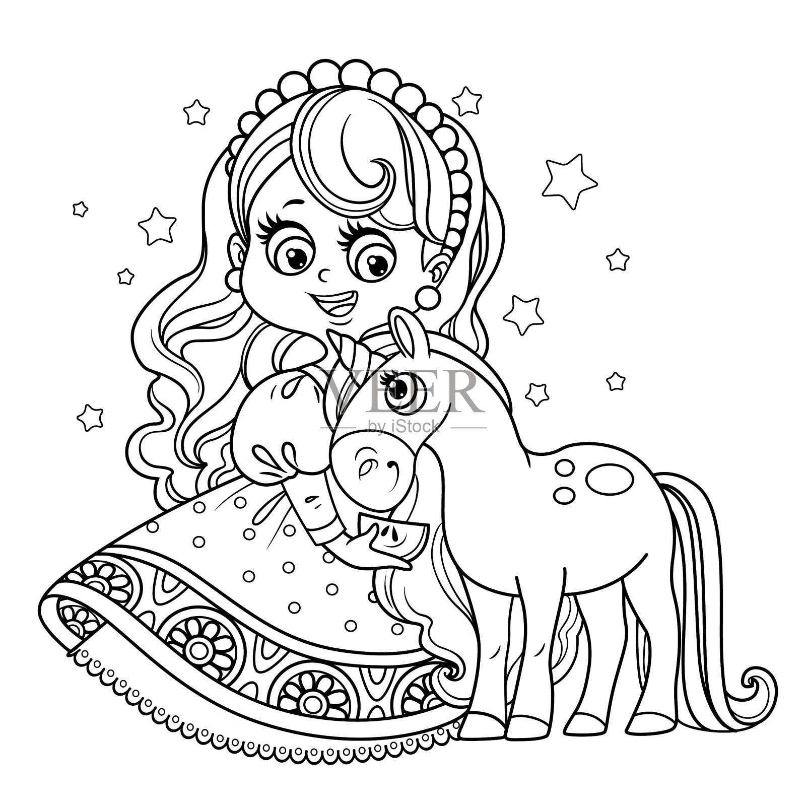 可爱的公主穿着舞会裙和独角兽宝宝设计元素图片