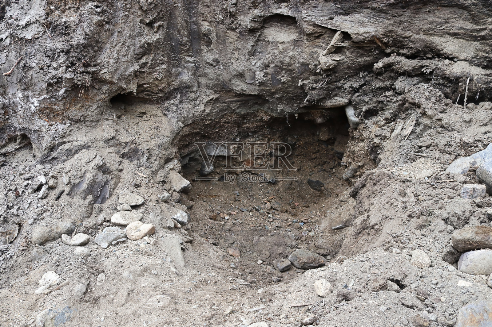 淘金铲在砾石坑中为提取黄金而挖的铲子照片摄影图片