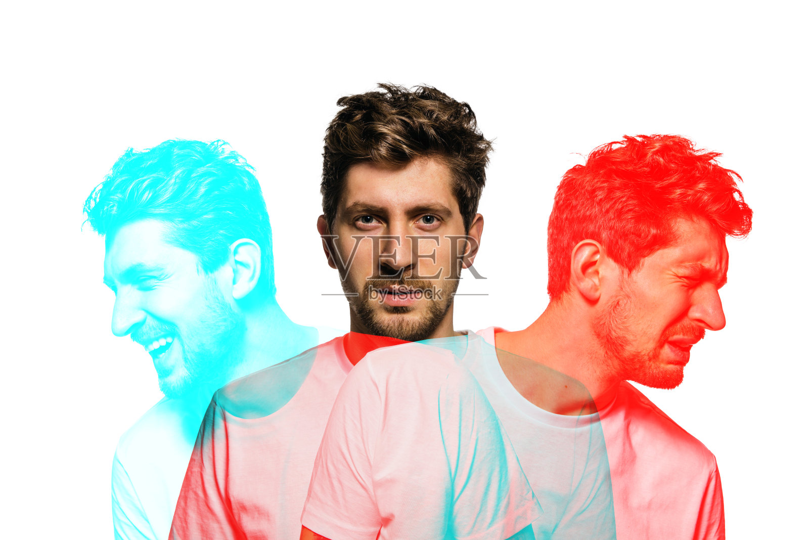 有不同情绪的年轻人在白色背景上有小故障效果。照片摄影图片