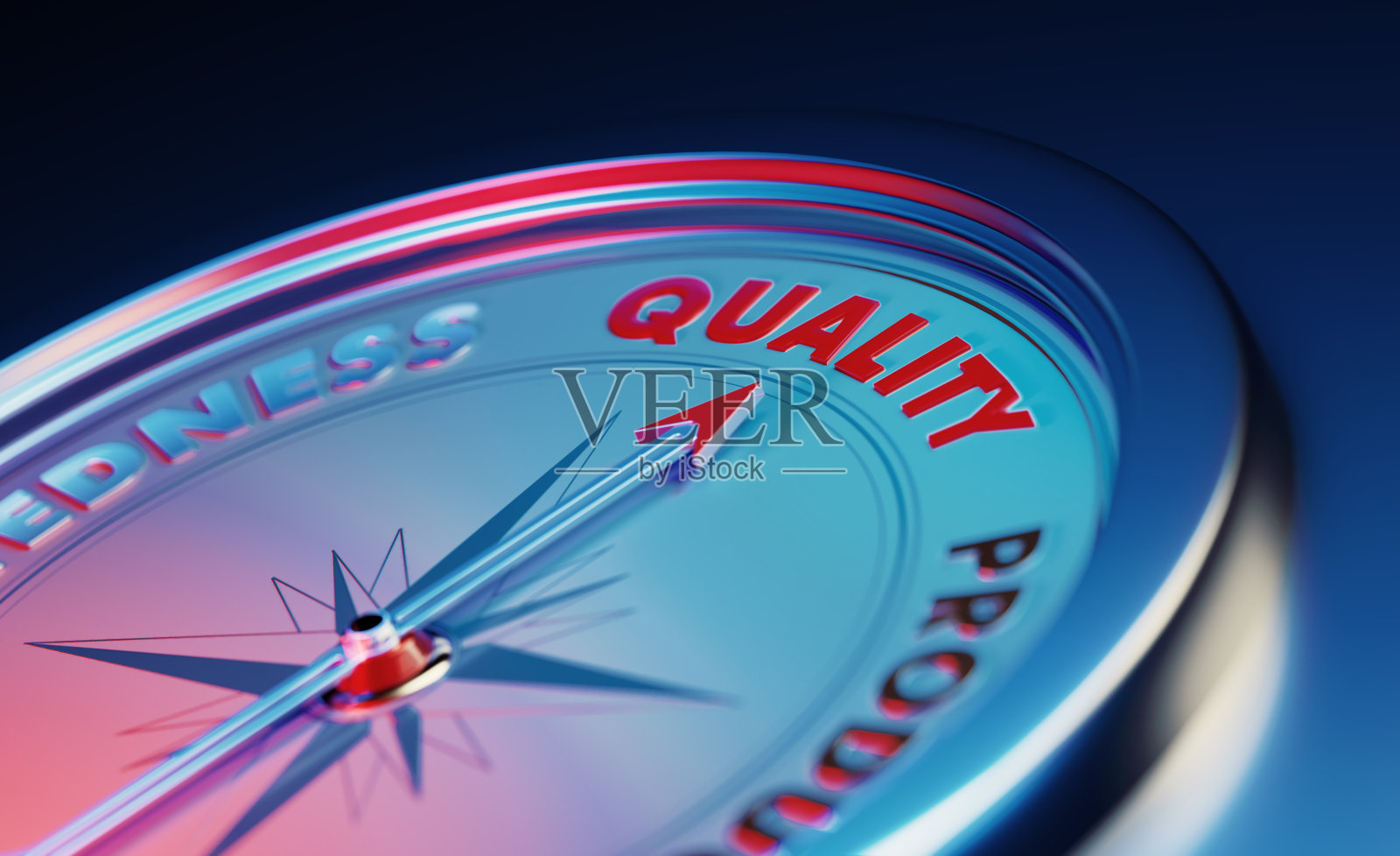 质量控制概念:指南针的箭头指向质量字在深蓝色金属背景照片摄影图片