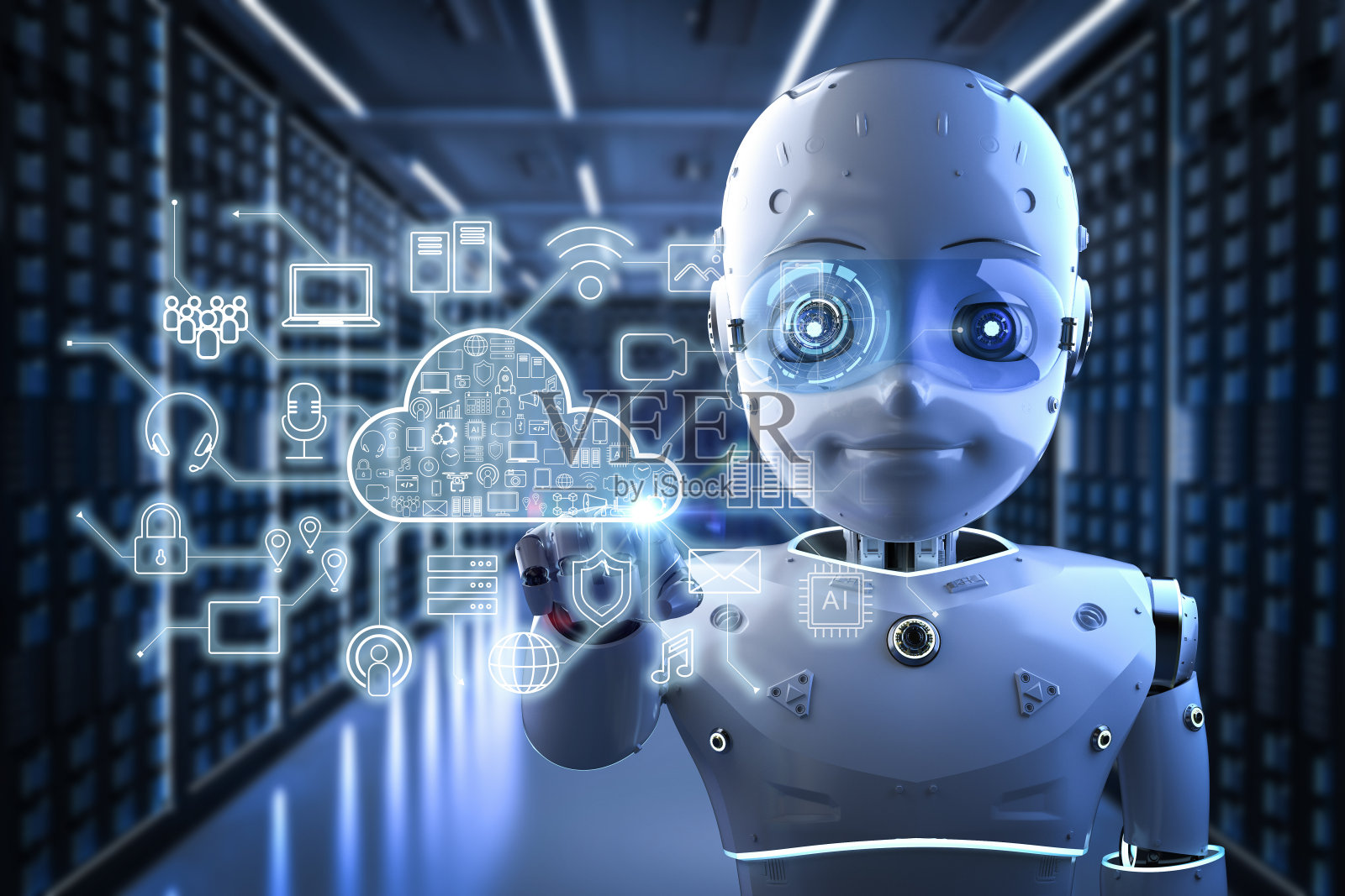 云计算技术与可爱的机器人照片摄影图片