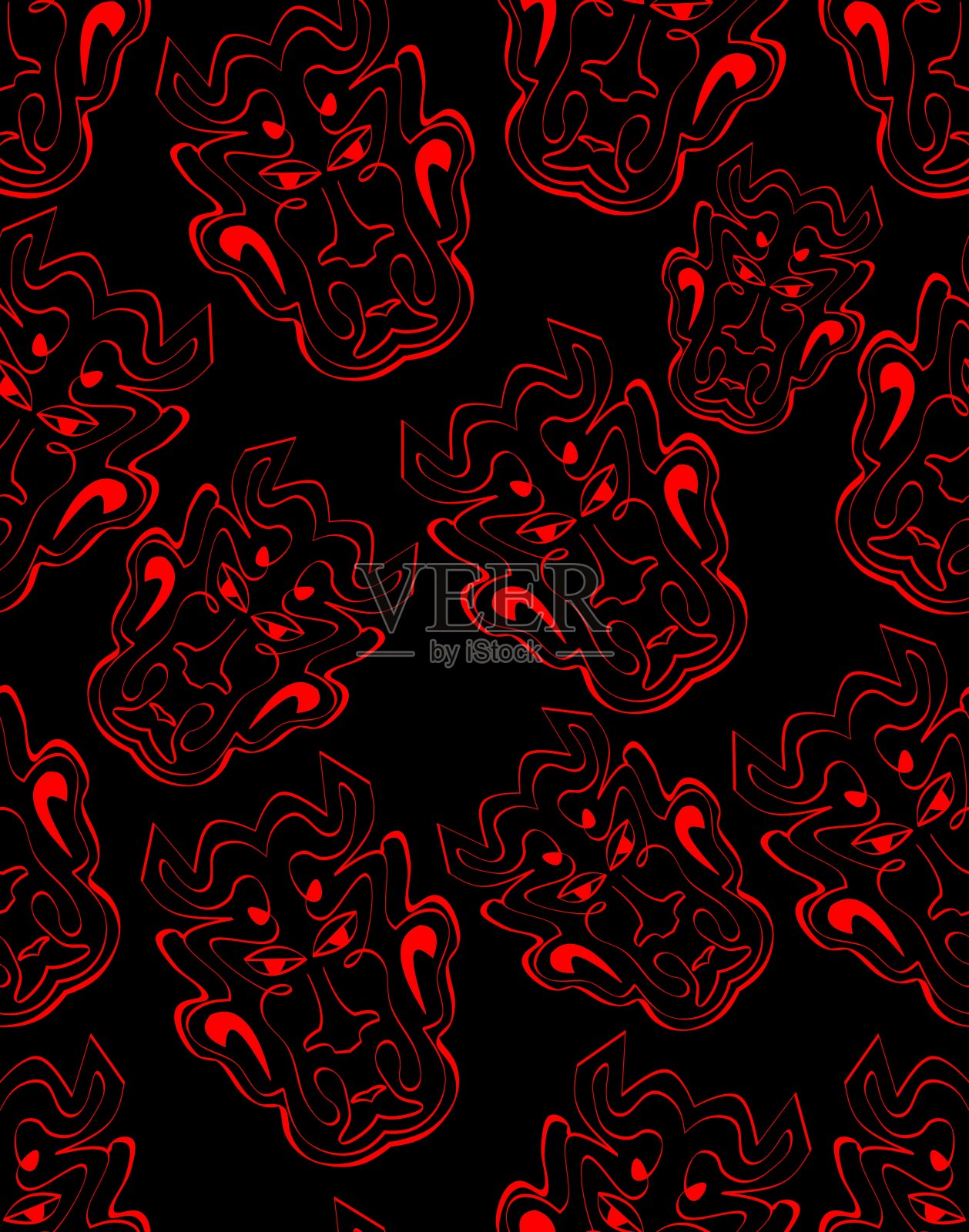 黑色背景与红色魔鬼头，无缝图案，抽象图案，纺织或包装纸设计，邪恶的脸插画图片素材