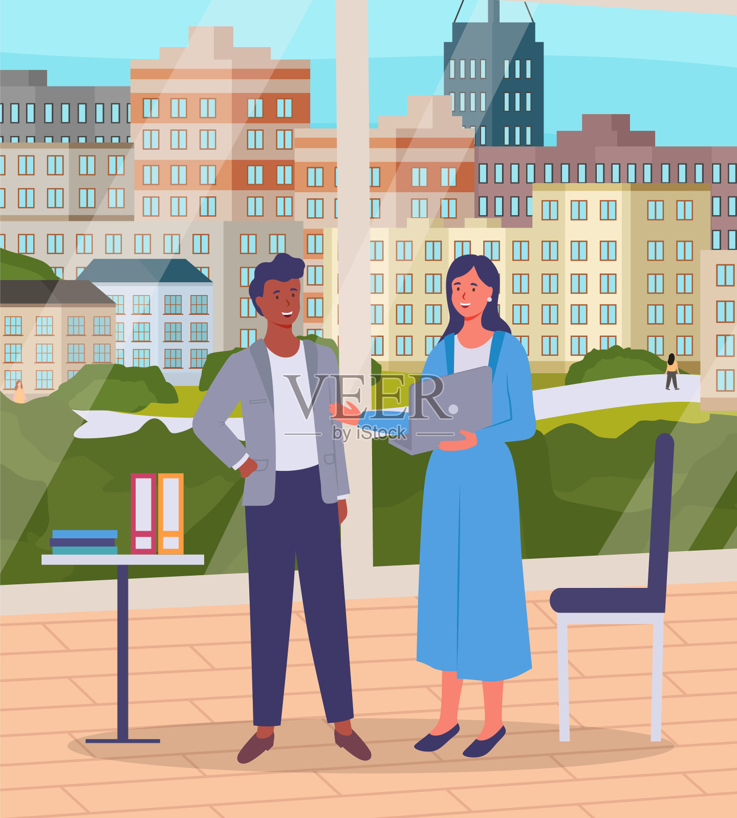 非洲男人与女人在办公室与全景窗口，商人女人与笔记本电脑插画图片素材