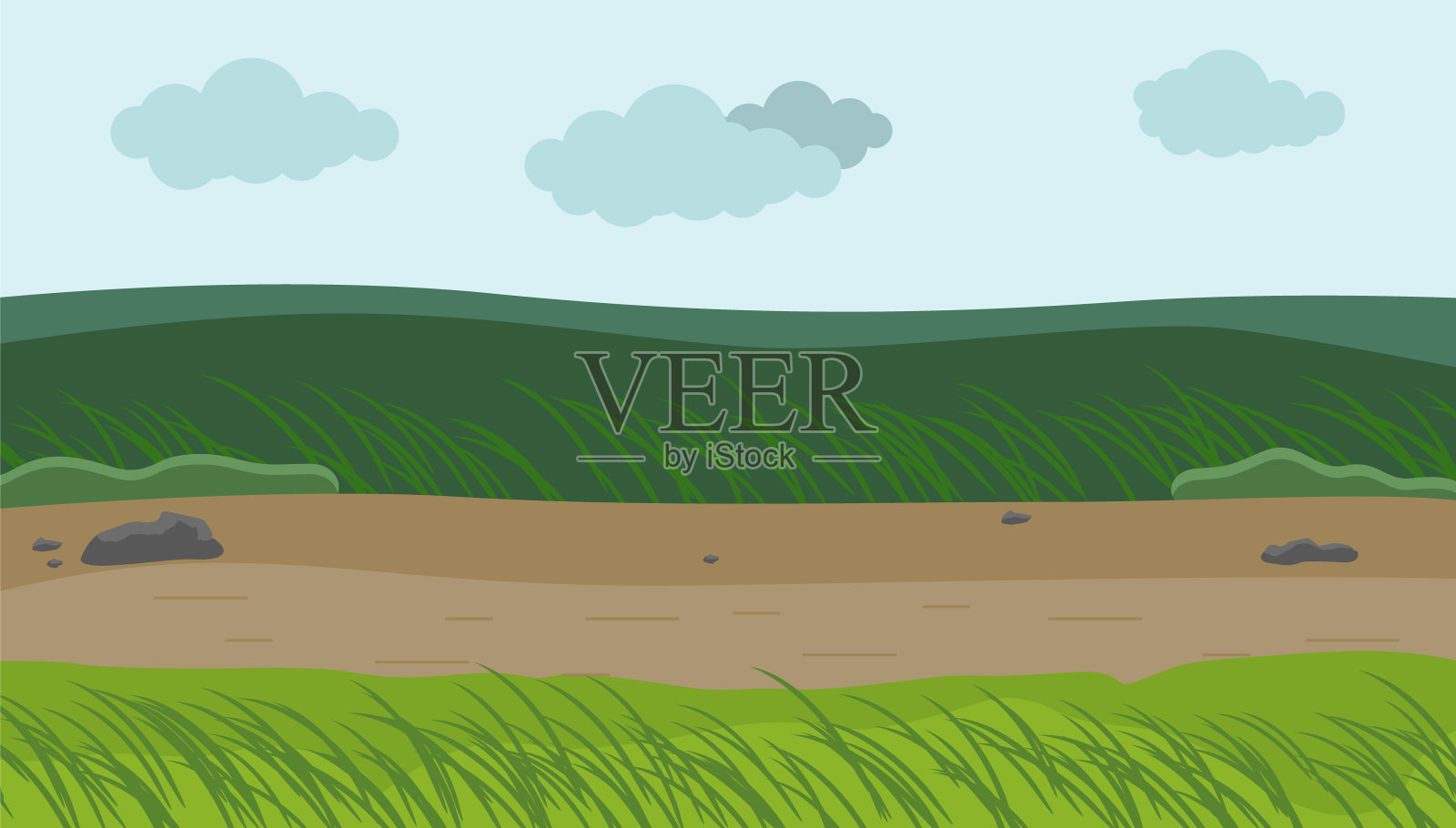 多风的天气在野外，绿草如茵，路面路面，乌云密布，条件恶劣插画图片素材