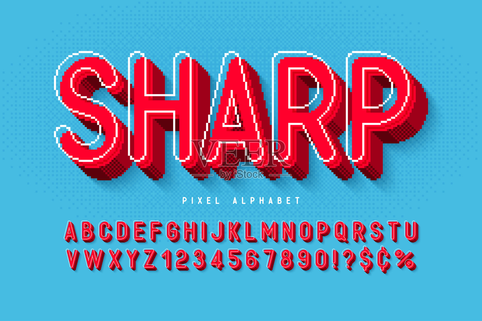 像素矢量字母设计，类似于8位游戏。高对比度和尖锐，复古的未来主义。插画图片素材