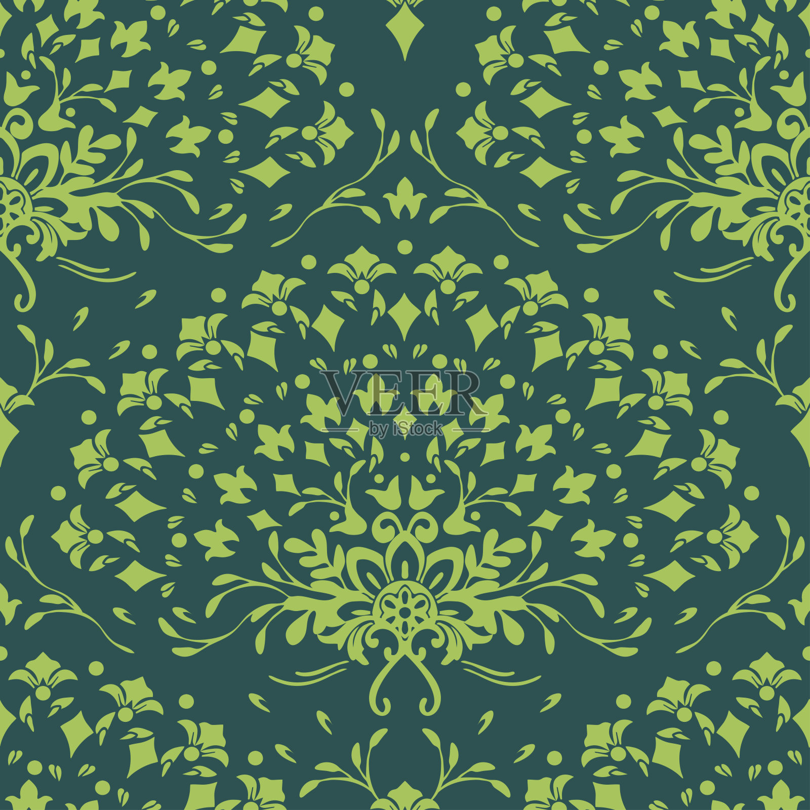 无缝向量模式与绿色背景上的花扇。简单的花朵剪影彩虹墙纸设计。复古装饰时尚纺织品。插画图片素材