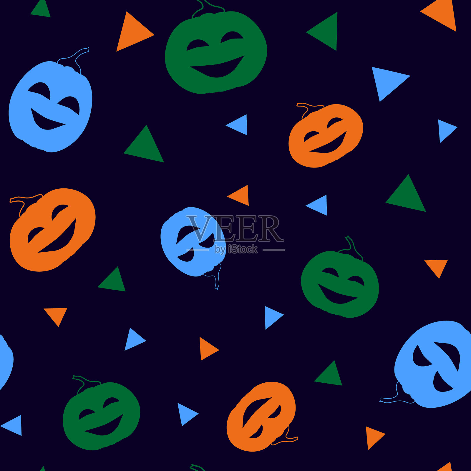 卡通无缝图案的多彩万圣节南瓜和三角形旗帜在一个黑暗的背景。微笑的万圣节南瓜插画图片素材