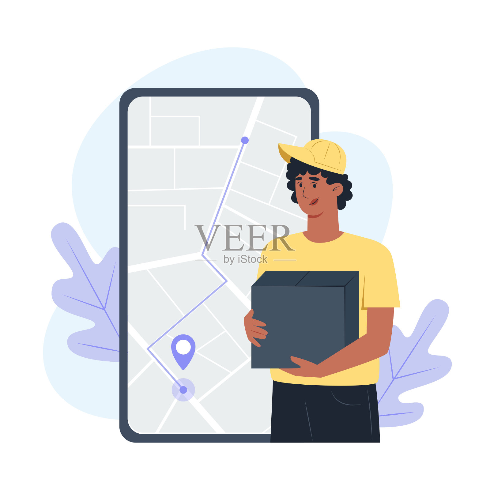 年轻的快递员手里拿着一个包裹，从网店发货插画图片素材