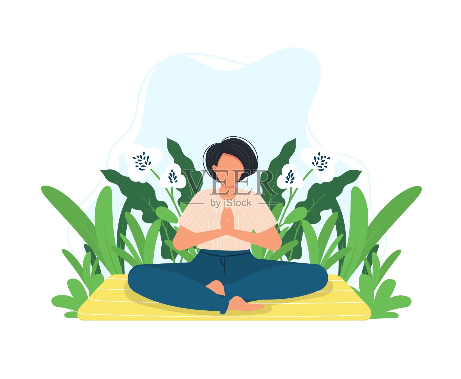 瑜伽冥想的女人在绿色草地。公园的瑜伽姿势。女孩放松健康健身。插画图片素材