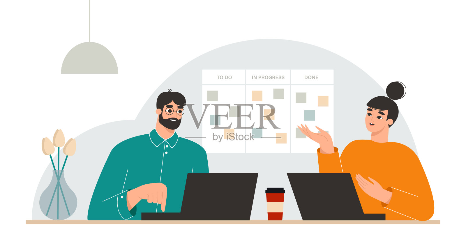 敏捷项目管理方法论概念。团队在看板任务板旁边的笔记本电脑上工作。灵活的软件开发人员。团队每日例会。插画图片素材