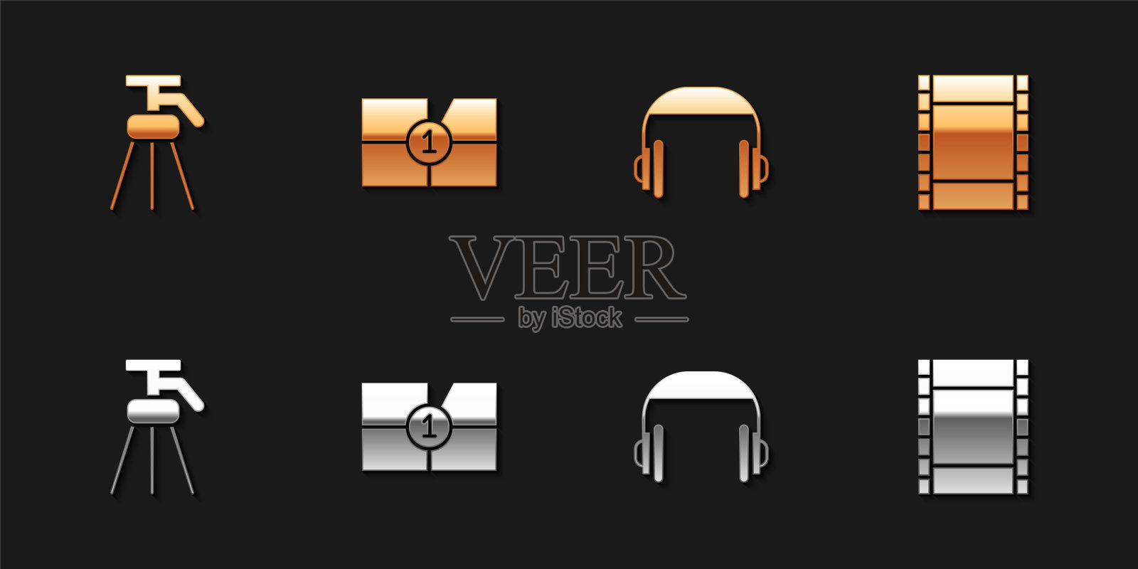 设置三脚架，老电影电影倒计时帧，耳机和播放视频图标。向量图标素材