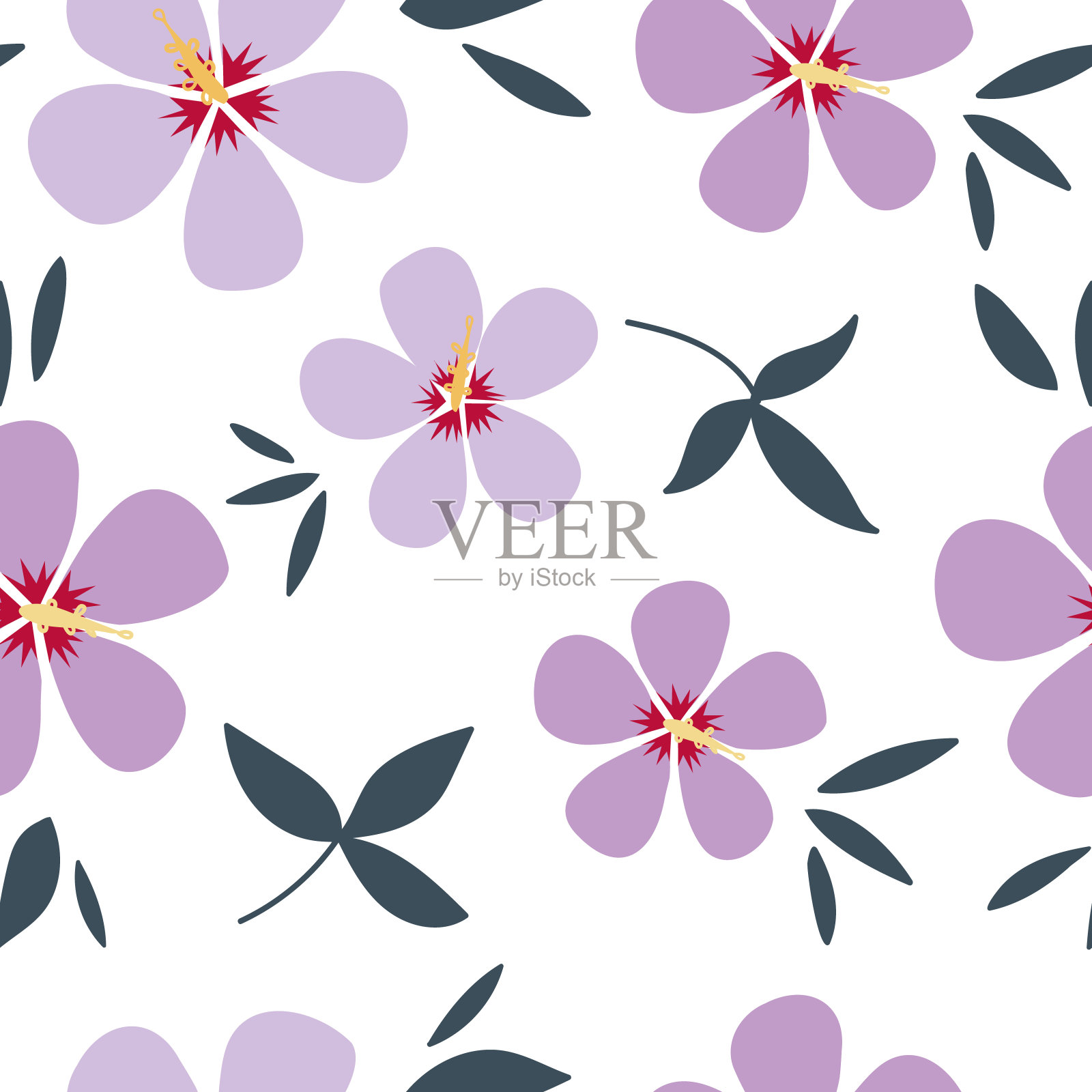 手绘模式的韩国玫瑰沙龙孤立在一个白色的背景。带叶子的紫色卡通花。彩色植物元素。装饰元素的矢量设计的明信片和横幅。插画图片素材