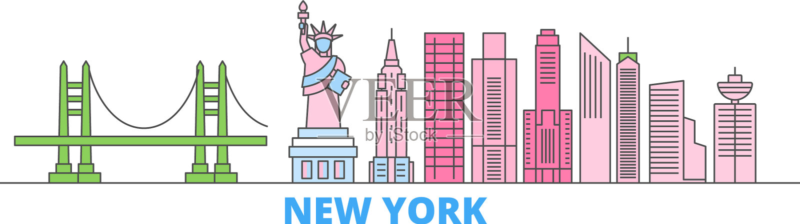 美国纽约市线条城市景观平坦设计元素图片
