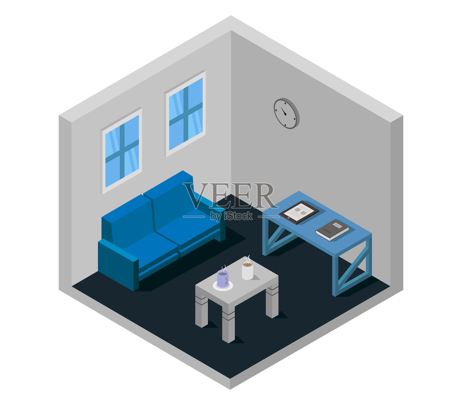 白色背景上的等距客厅插画图片素材