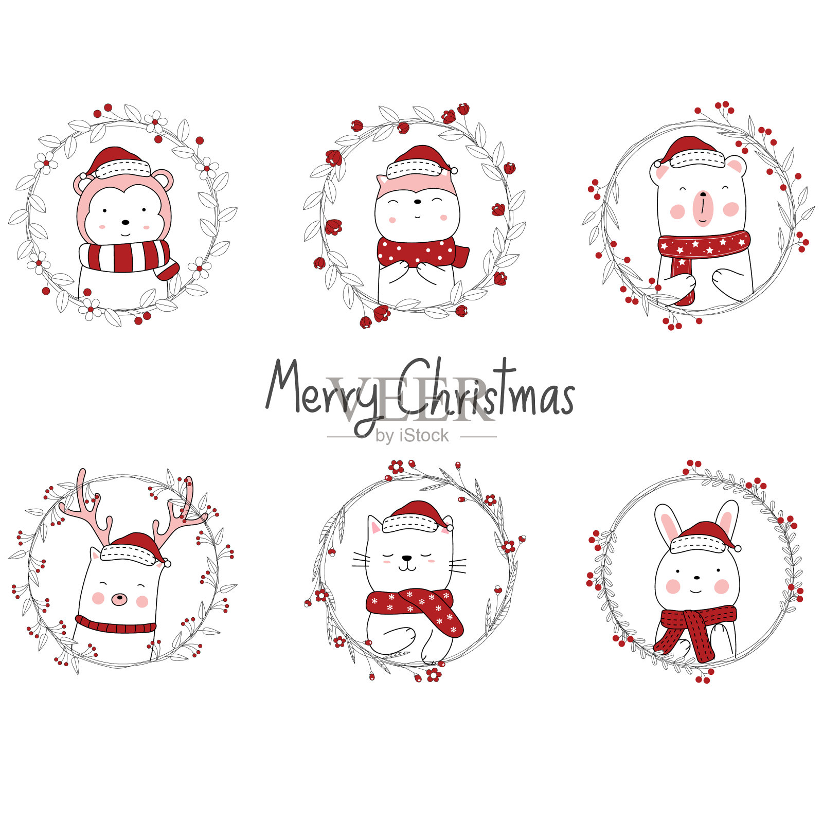 圣诞设计与可爱的动物卡通和插画图片素材