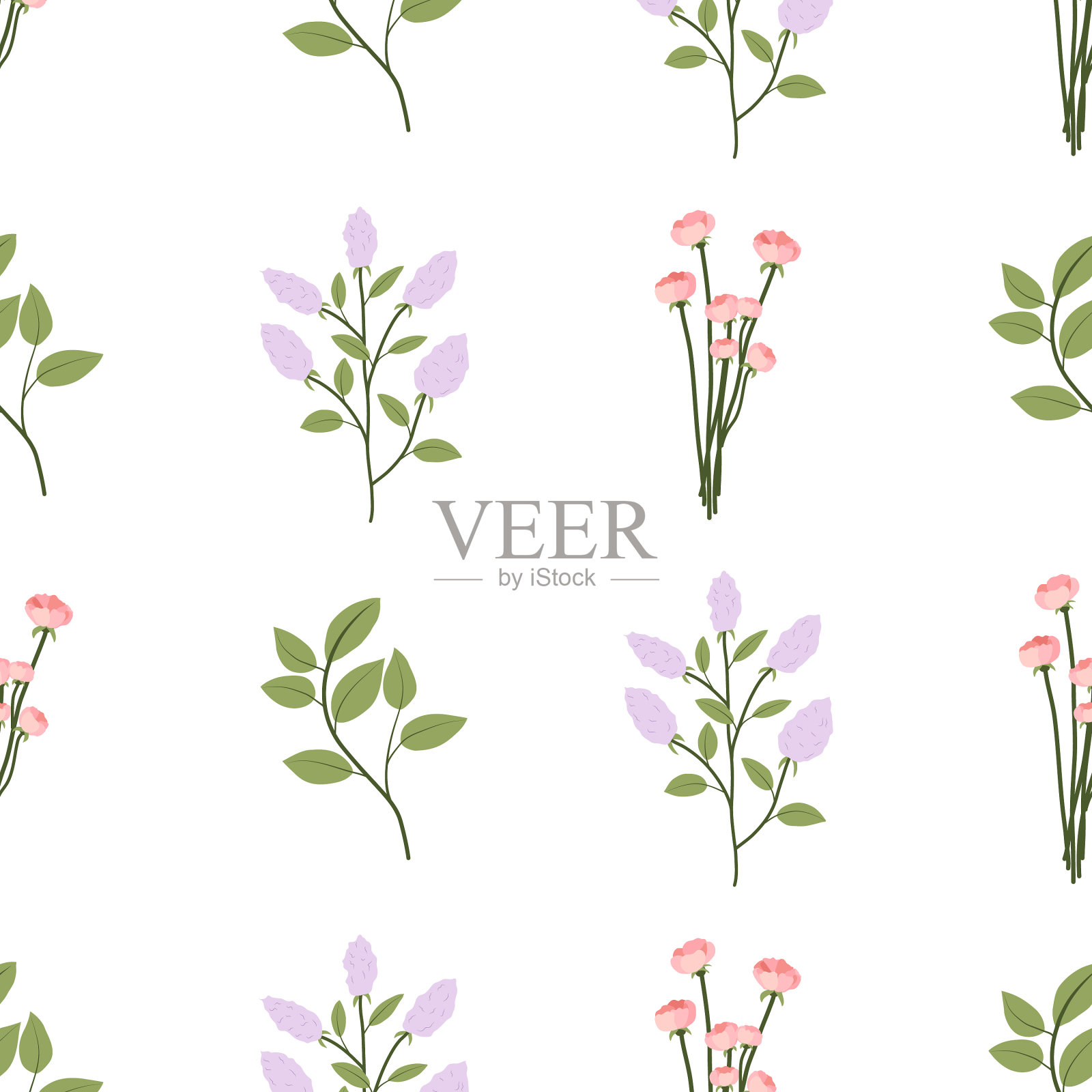 花朵无缝图案，绿叶，淡紫色插画图片素材