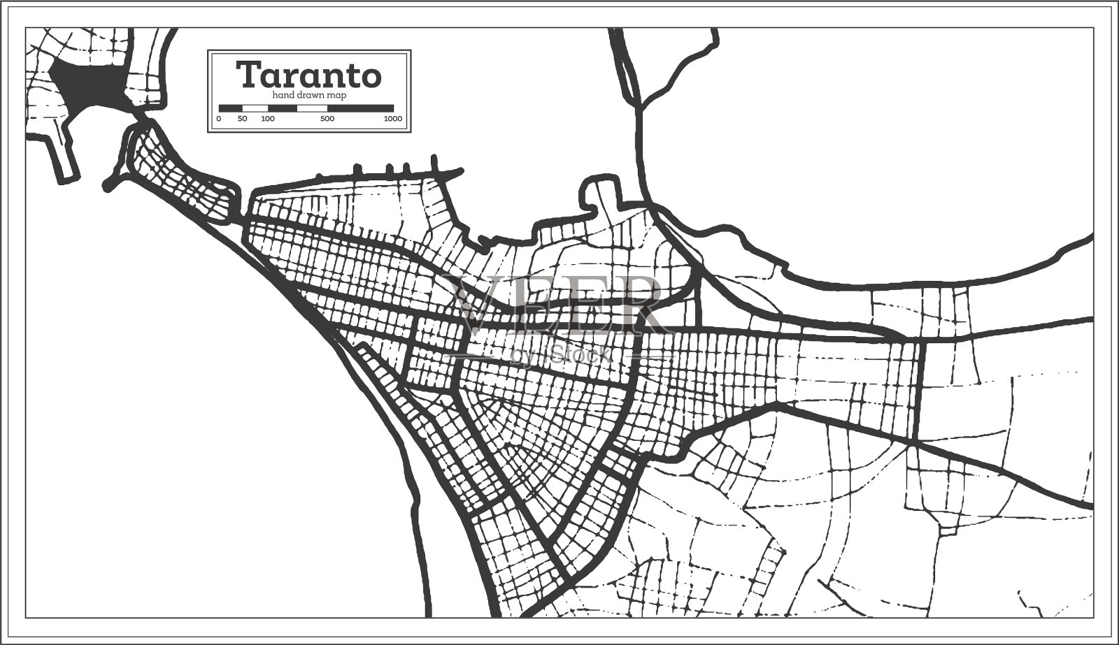 塔兰托意大利城市地图的黑白颜色插画图片素材