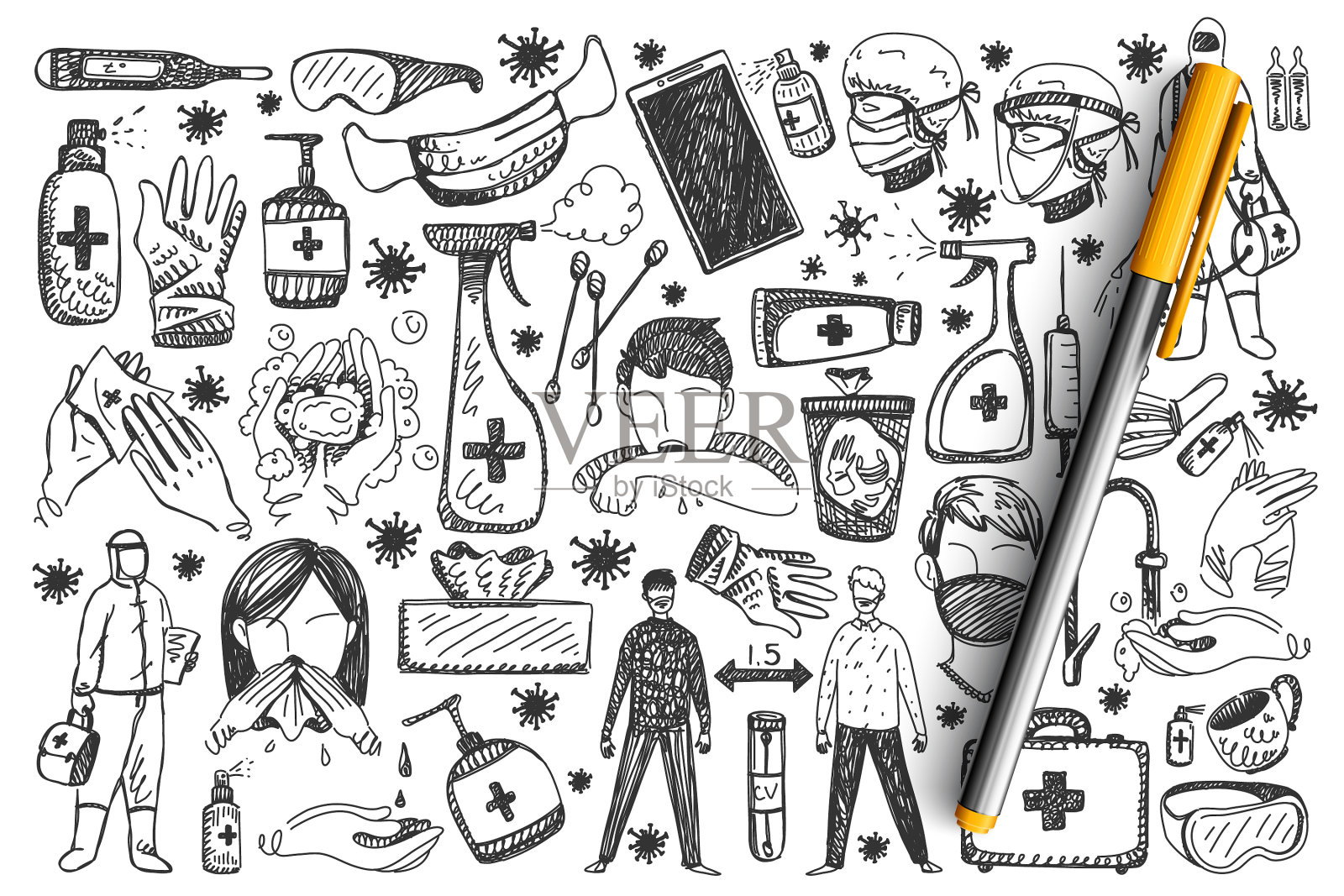 冠状病毒手绘涂鸦集设计元素图片