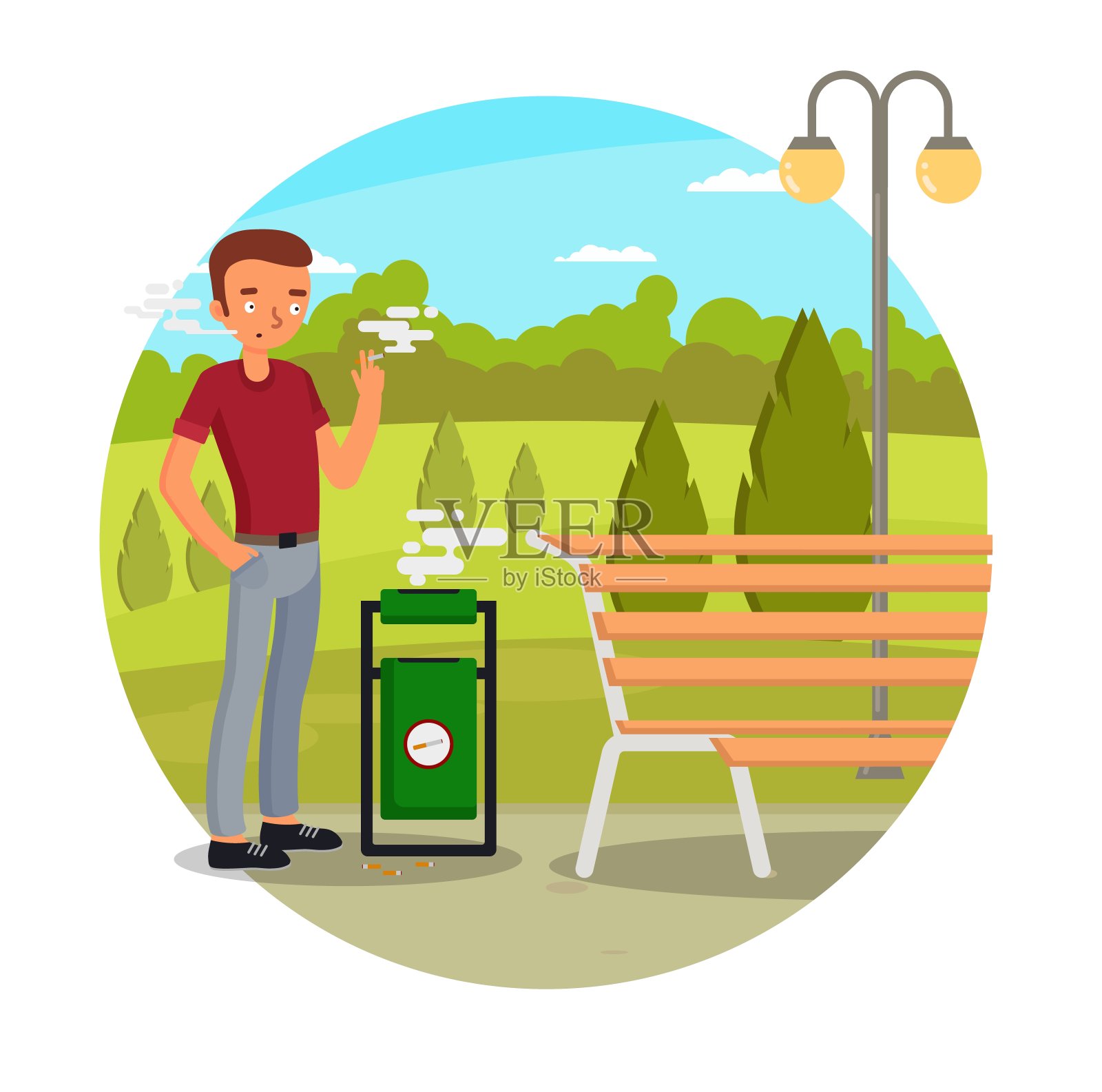 在城市公园被动吸烟的年轻人，矢量插图。尼古丁依赖，烟草成瘾。插画图片素材