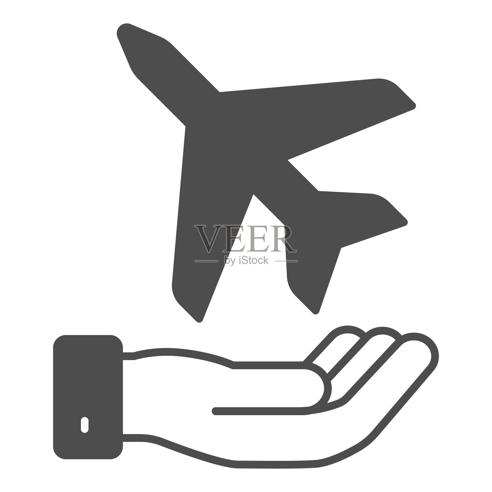 平面在掌中立体图标，航空公司概念，平面从掌中起飞矢量标志上白色背景，平面在掌中象形风格为移动概念和网页设计。矢量图形。插画图片素材