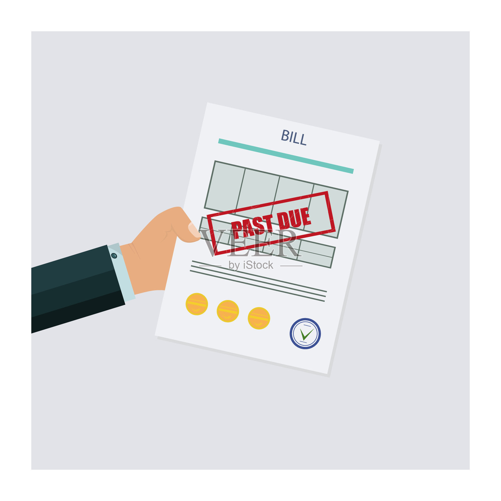 过期、未付、过期或账单。商人手里拿着一份延期付款的费用单据。债务或过去的购买通知。财务数据和红色印章。向量插画图片素材