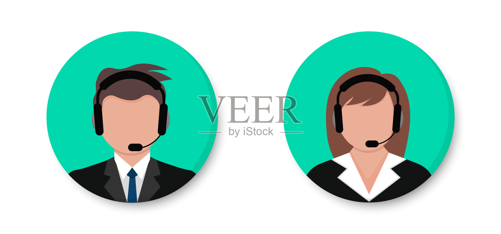 呼叫中心。支持服务图标。男性和女性呼叫中心工作耳机。戴着耳机的男人和女人。客户服务和沟通。呼叫中心的虚拟接线员。向量。图标素材