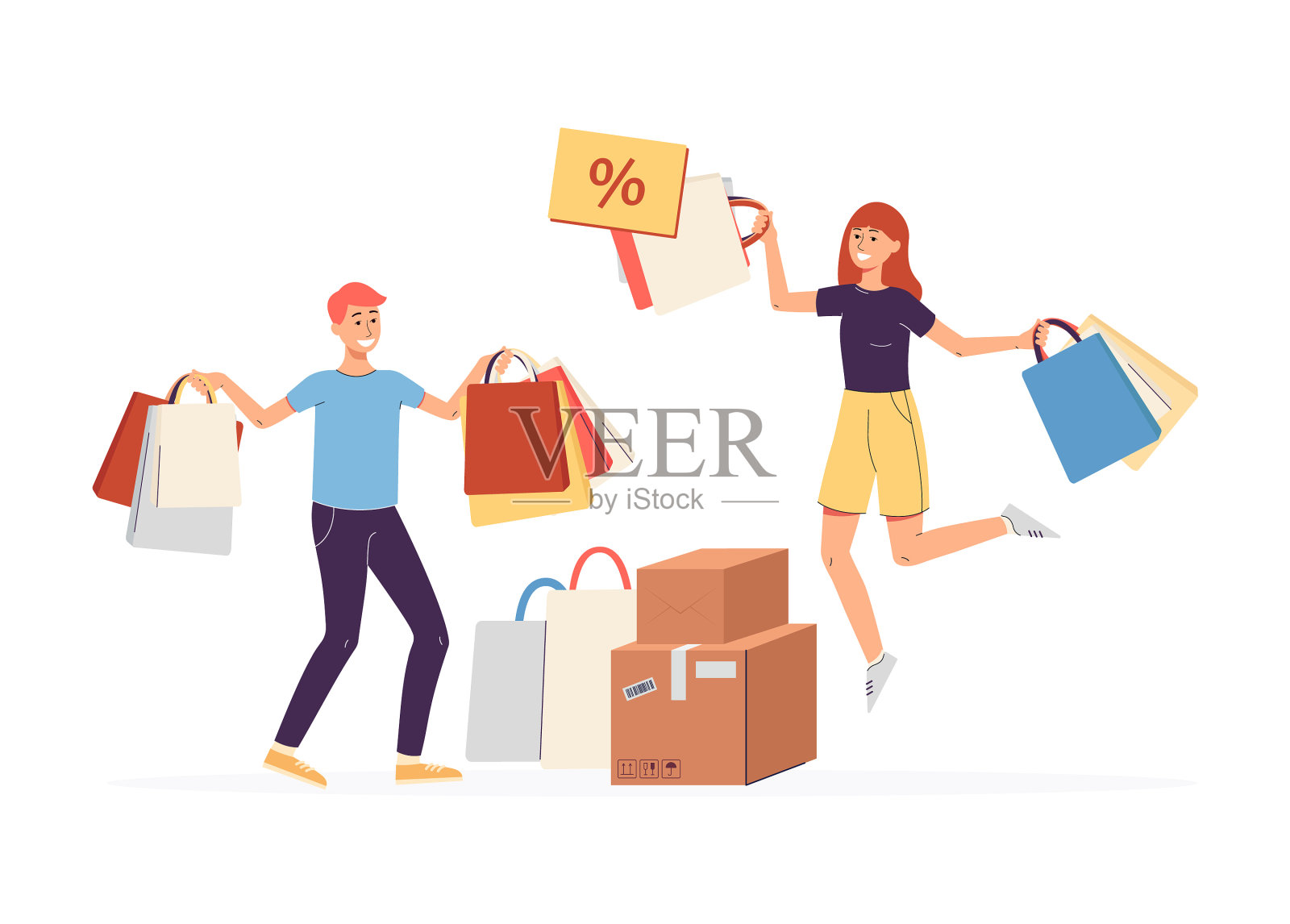 快乐的购物者与商店袋和盒子扁平设计元素图片