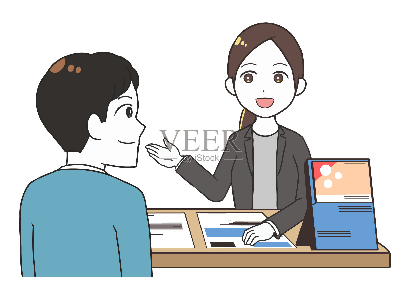 一个为引用而咨询的女人，一个为咨询而咨询的男人插画图片素材