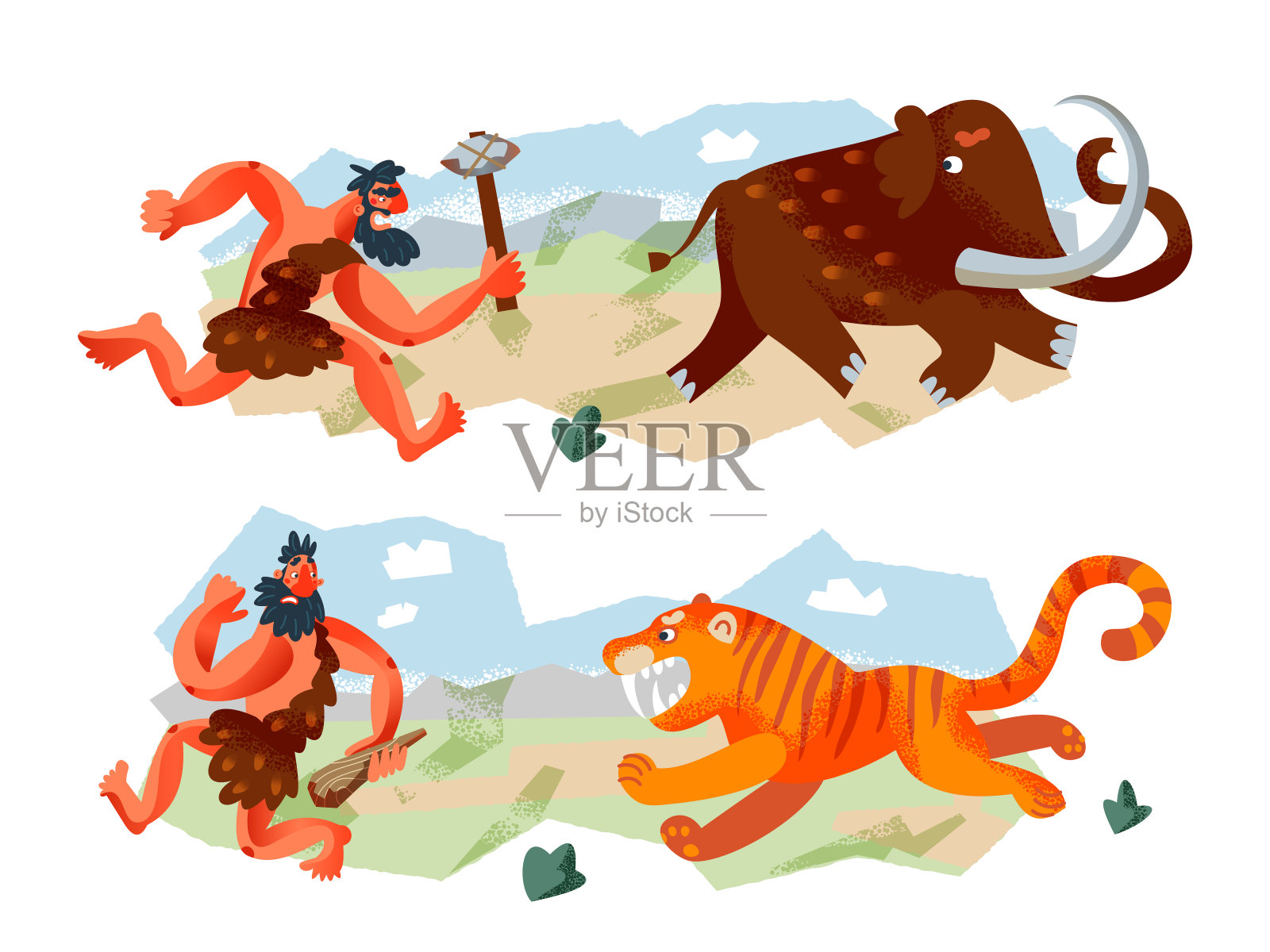 以石器时代的穴居人狩猎动物为背景。史前古代历史矢量插图。人们拿着斧头追赶猛犸象，避开了老虎。野蛮的猎人与自然界的动物插画图片素材