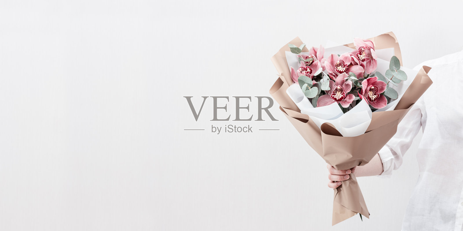 淡淡背景上的女性手中朵朵娇嫩的粉红色兰花。送给母亲或朋友的现代花束。照片摄影图片