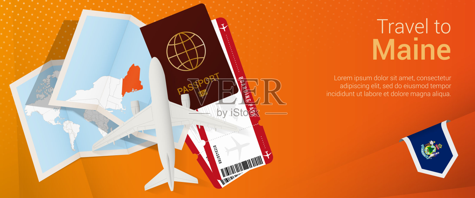 去缅因州玩流行音乐吧。带有护照、机票、机票、登机牌、地图和缅因州国旗的旅行横幅。插画图片素材