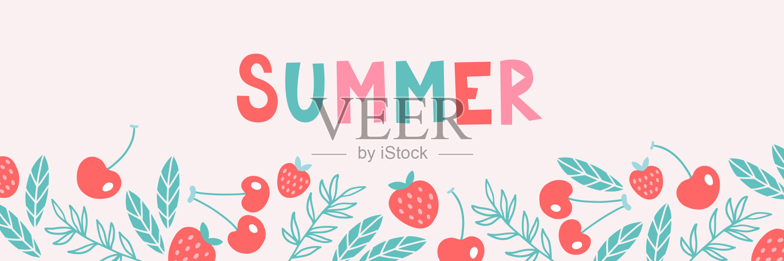 夏天的旗帜。水果背景设计有草莓，樱桃，树叶，树枝插画图片素材