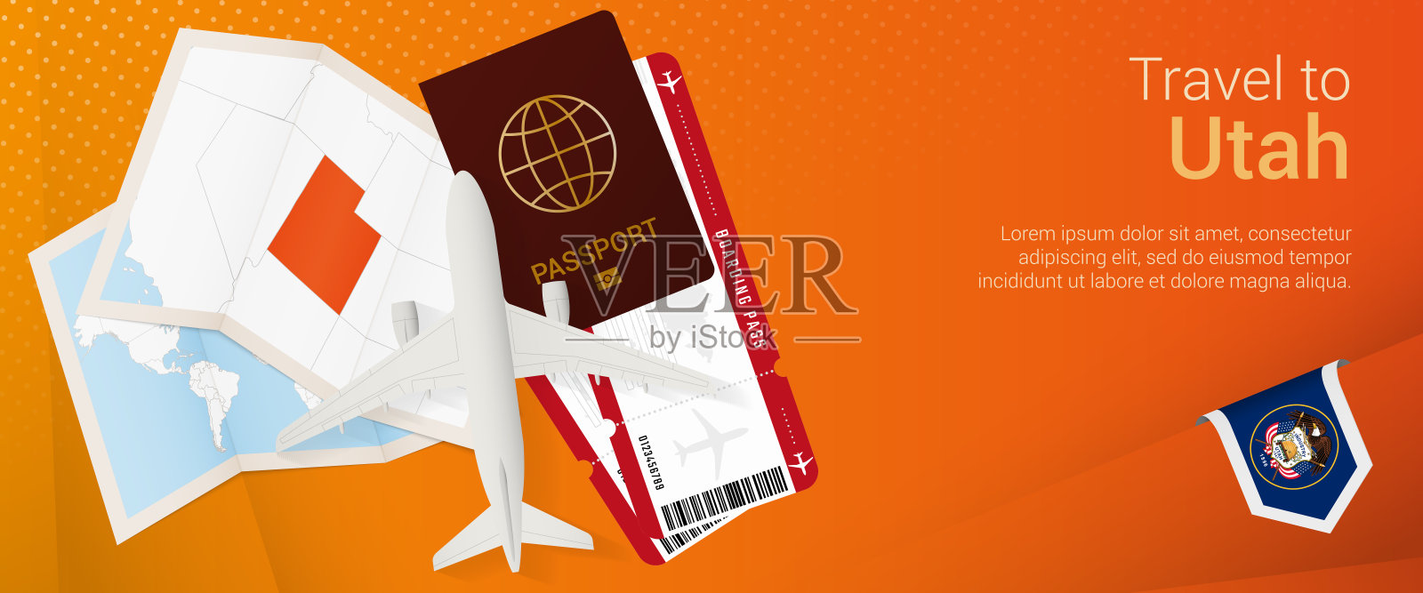 去犹他州玩流行音乐吧。旅行横幅与护照，机票，飞机，登机牌，地图和旗帜的犹他州。插画图片素材