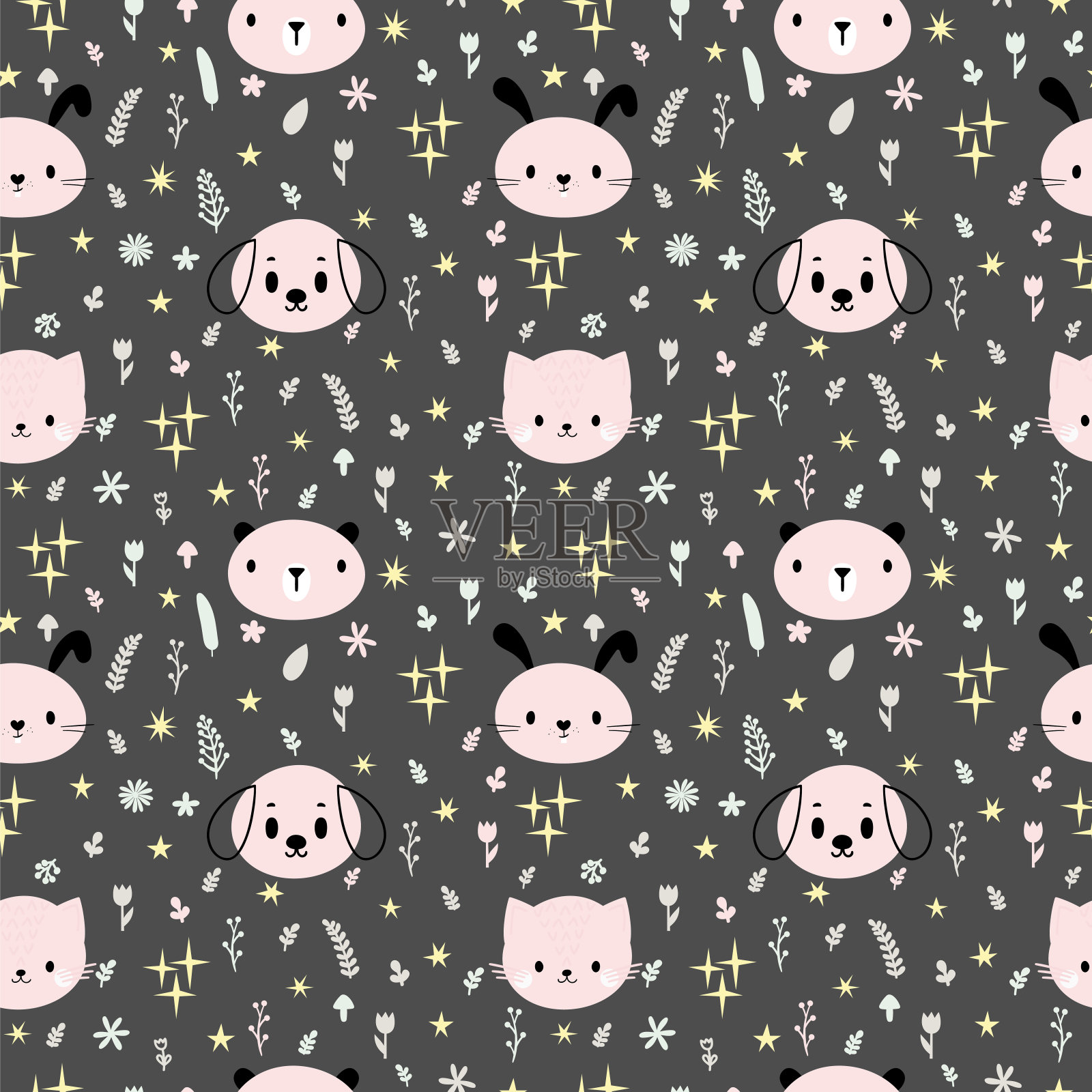 幼稚无缝的图案与可爱的微笑动物。创意婴儿肌理面料，纺织品，苗圃，衣服。柔和的背景插画图片素材