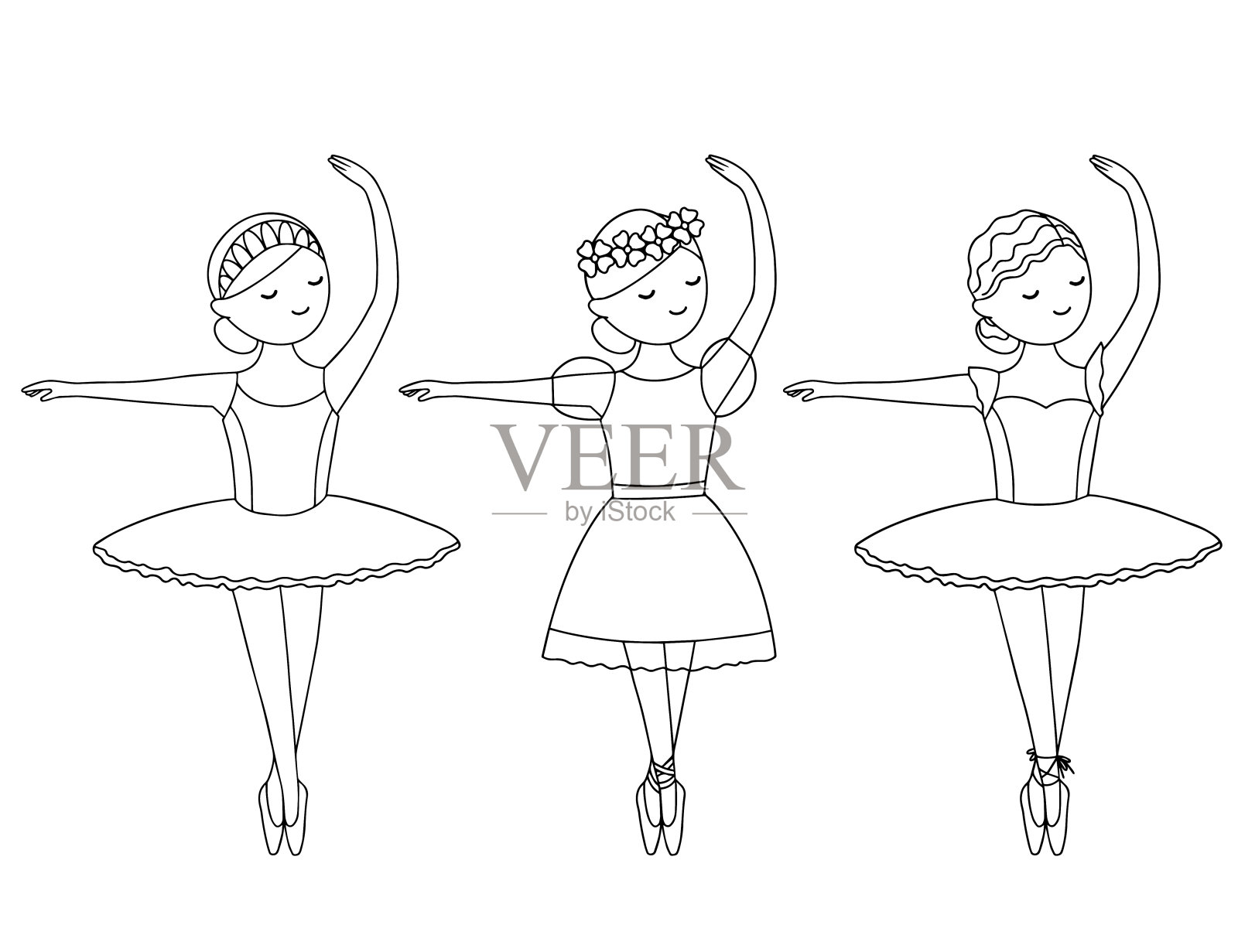 在白色背景上的一组轮廓图像。穿着尖头鞋和裙子的芭蕾舞女演员。插画图片素材